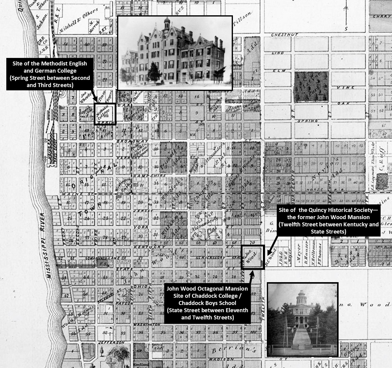 Figure 8. Map of Quincy, Illinois, showing the location of the Methodist English and German College/Jefferson School, the Chaddock College/Chaddock Boys School, and the Quincy Historical Society (now the Historical Society of Quincy and Adams County) in the Atlas of Adams County, Illinois (Davenport, IA: Andreas, Lyter, and Company, 1872), 148.
