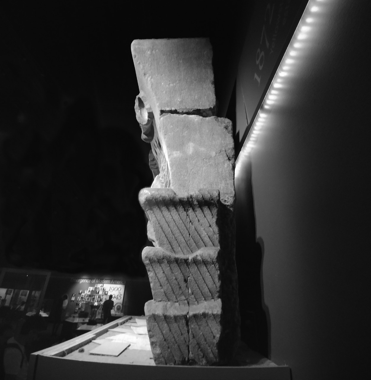 Figure 18. Side view of the Nauvoo Temple sunstone in the “American Stories” exhibition in the Smithsonian National Museum of American History. Photo by author, 2018.